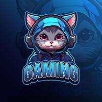 Cat with headphone mascot logo design for badge, emblem, esport and t-shirt printing vector