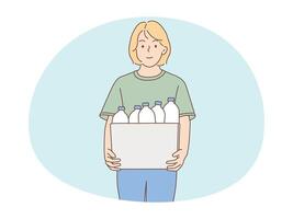 ilustración de un mujer participación un caja conteniendo botellas a ser reciclado vector