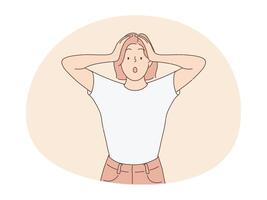 illustration of surprised woman with two hands holding her head vector