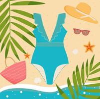 Swimsuit, glasses, hat, bag and tropical leaves the beach. Summer items. illustration. vector