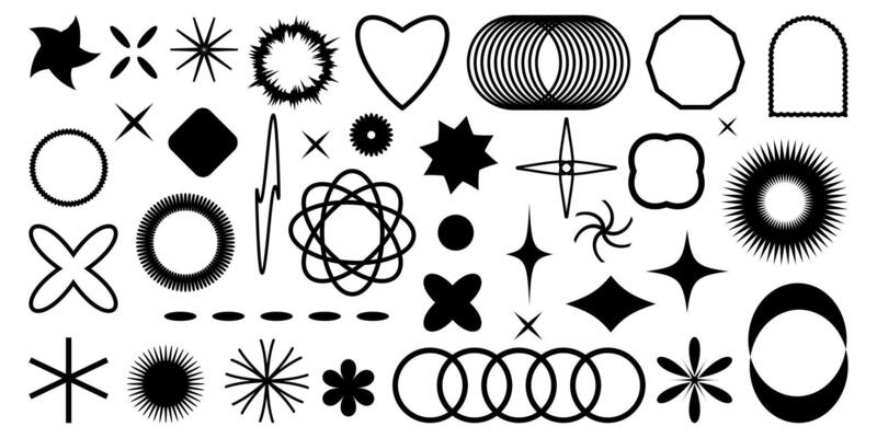 Abstract Shapes set y2k style for banner.Groovy Retro Y2k aesthetic.Trendy 90s.Trendy geometric forms for banner,stickers,poster.Simple shapes,Flower,spiral,wave.Elements 2000s.Abstract brutal shape