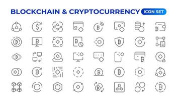 cadena de bloques, bitcoin Delgado línea íconos conjunto ilustración. contorno cripto dinero en digital billetera y datos minería red, criptomoneda intercambio, transacción pago pictograma, criptografía íconos vector