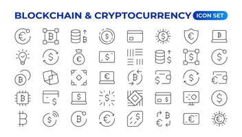 cadena de bloques, bitcoin Delgado línea íconos conjunto ilustración. contorno cripto dinero en digital billetera y datos minería red, criptomoneda intercambio, transacción pago pictograma, criptografía íconos vector