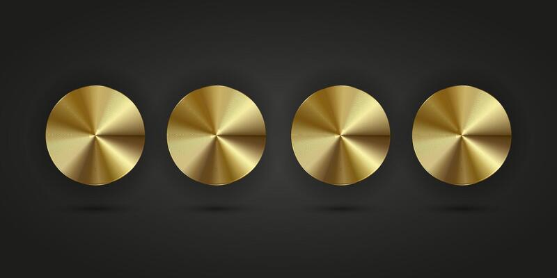 Set of Luxury gold circle realistic metal button button infographic design. 4 golden buttons on isolated dark gradient background