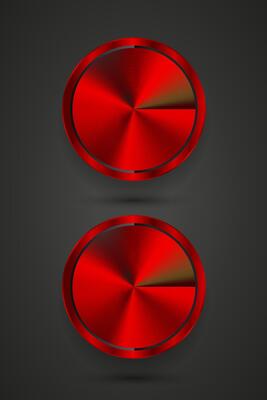 Group of 2 red blank buttons template with metal texture-chrome, silver, steel, realistic metralic and Set of two red Abstract circle buttons, dark background