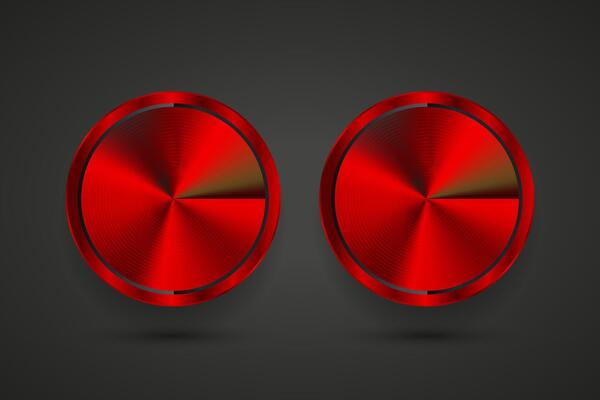 Set of two red Abstract circle buttons, red blank buttons template with metal texture-chrome, silver, steel, realistic metralic and light background