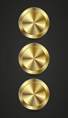 three collection of luxury realistic shiny metal golden circle ring on green push click button for website, 3 abstract badge elements design isolated on black background