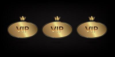 Three gold ellipse banners with crown for premium level and top value of luxury position icon, symbol, element, button, object illustration vector