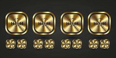 Collection of Gold glued rectangles button with golden back side curling. premium rectangle shaped blank paper labels illustration. Badges with golden shining. vector