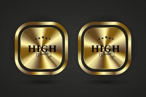 Group of Gold glued rectangles button with golden back side curling. 3d rectangle shaped blank paper labels illustration. Badges with golden shining. vector