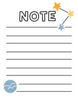 Notes list template. Organizer and Schedule with place for Notes. Good for Kids. vector