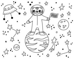 Outline tiger in open space. Line cute animal astronaut in space suits. Character exploring universe galaxy with planets, stars, spaceship for children print. design in Scandinavian style. vector