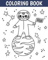 Cute tiger in open space coloring page. Animal astronaut in space suits. Printable worksheet with solution for school and preschool. vector