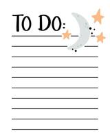 Baby shower to do list template. Organizer and Schedule with place for Notes. Good for Kids. vector