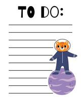 To do list template. Organizer and Schedule with place for Notes. Good for Kids. vector