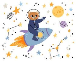 Bear in open space. Cute animal astronaut in space suits, flying on a rocket. Character exploring universe galaxy with planets, stars, spaceship for children print. vector