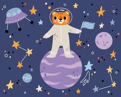 Tiger in open space. Cute animal astronaut in space suits. Character exploring universe galaxy with planets, stars, spaceship for children print. design in Scandinavian style. vector