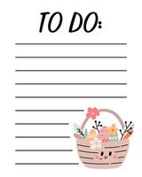 Easter to do list template. Organizer and Schedule with place for Notes. Good for Kids. vector