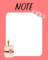 Valentines day notes list template. Organizer and Schedule with place for Notes. Good for Kids. vector