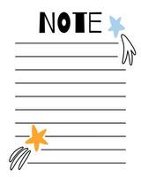 Notes list template. Organizer and Schedule with place for Notes. Good for Kids. vector