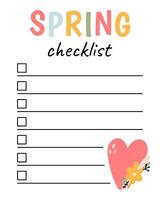 Spring checklist. Organizer and schedule with place for Notes. Planner template. vector