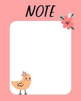 Easter notes list template. Organizer and Schedule with place for Notes. Good for Kids. vector