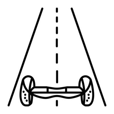 Hoverboard on road, black line icon, modern mobile electric transport sign