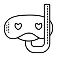 Snorkel mask with a straw, black line icon, snorkeling glasses with a tube monochrome sign vector