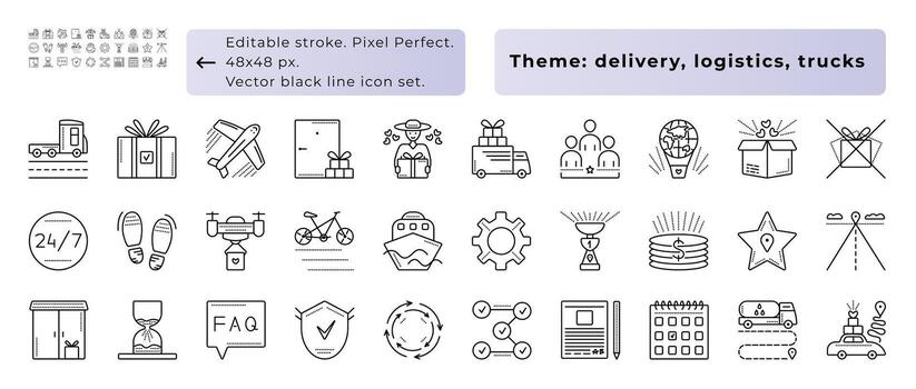 entrega, logística, camiones, carga. negro línea icono colocar. 30 señales 48x48 px editable ataque, píxel Perfecto y 300x300 px íconos no editable ataque, píxel Perfecto vector