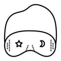 Simple night sleep eye mask with a rubber band. black line icon, pictogram in minimal style. Monochrome outline blindfold with a star and moon images vector