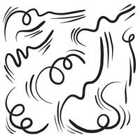 Doodle wind line sketch set. Hand drawn doodle wind movement, air blowing, vortex elements. Sketch of air blowing movement, abstract lines vector