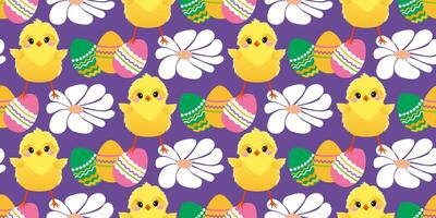 Easter cute pattern with chicken, daisies, colored eggs. The cheerful Easter design for background, digital paper, wallpaper, fabric. Seamless pattern. illustration. vector