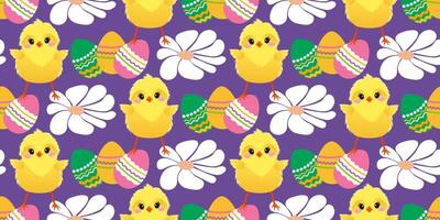 Easter cute pattern with chicken, daisies, colored eggs. The cheerful Easter design for background, digital paper, wallpaper, fabric. Seamless pattern. illustration. vector