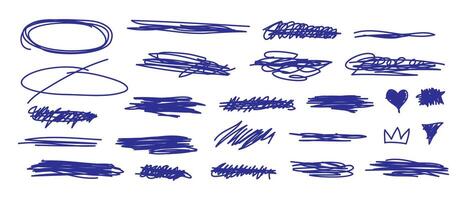 set of hand drawn scribbles, doodles, lines, stripes. Scribbles and sketches, marker line set. Ink shapes, scrawl textured elements. Scrawls, crown, underlines, heart. vector