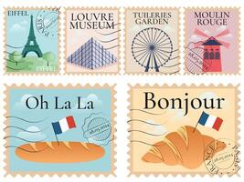 France Paris postage stamps with Eiffele, Louvre, Moulin Rouge, Food vector