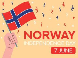 Norway independence day 7 June. Norway flag in hand. Greeting card, poster, banner template vector