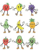 Groovy Fruits Set. Funny Retro Vintage Trendy Style Fruits Cartoon Character. Doodle Collection vector