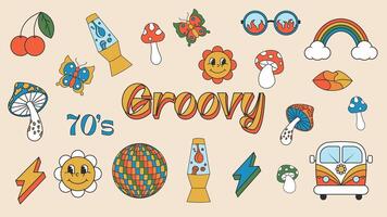 Groovy set 60s, 70's 80's retro style fun elements vector