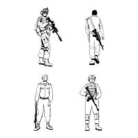 moderno Ejército soldados en uniforme en diferente poses negro y blanco ilustración conjunto para guerra y paz diseños o veterano día vector