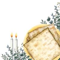 Happy Passover greeting watercolor banner template with matzah, candles, eucalyptus and copy space for text vector