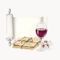 Happy Passover greeting template with Haggadah scroll, glass of red wine, matzah pile, almond flowers vector