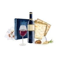 Passover food and symbols for greetings, social media posts with wine, matzah, Haggadah book, spring flowers vector