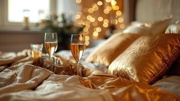 Romantic Bed with Pillows and Champagne Glasses photo