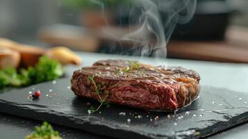 Sizzling Rib Eye on Black Stone Hot Plate photo