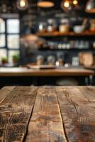 rústico de madera mesa con borroso cocina fondo foto
