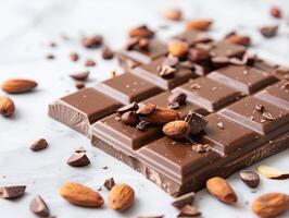 Chocolate bar with cacao beans and almonds scattered around it photo