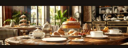 lujo panadería en elegante comida mesa foto