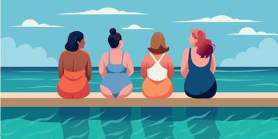 Flat colorful illustration with plus size girls by the pool for summer designs. vector