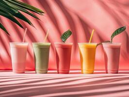 Some cups of smoothies, minimalist background, shadow leafs photo