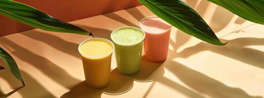 Some cups of smoothies, minimalist background, shadow leafs photo